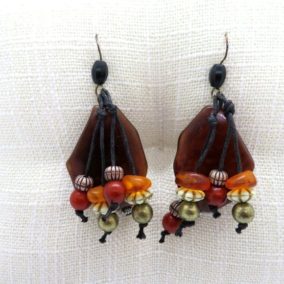 Vintage Artisan Handcrafted Pierced Earrings 2" Dangle Brown White Orange Beads - Picture 8 of 10